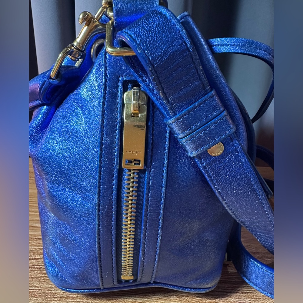 Saint Laurent Metallic Cobalt Blue Leather Emmanuel 2-way Crossbody Bucket Bag - Picture 7 of 15